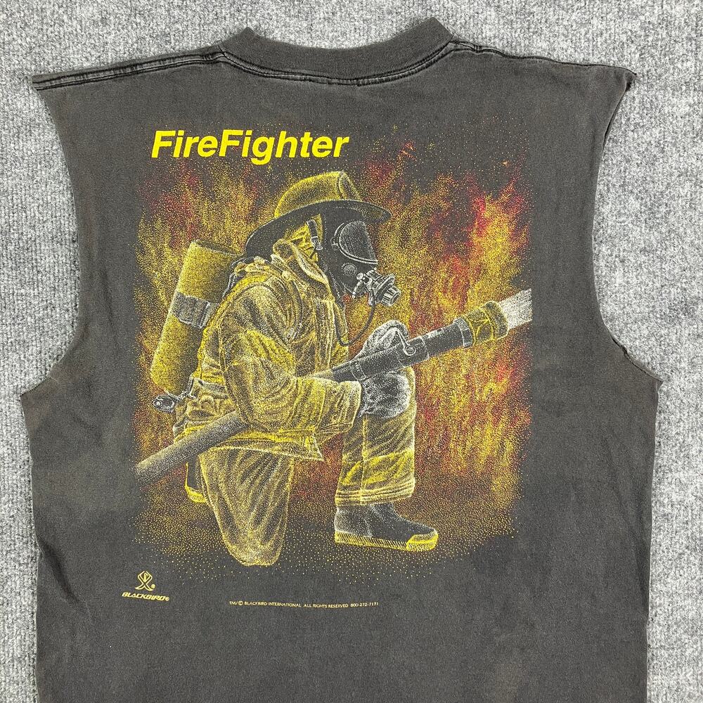Oneita Firefighter Tank Mens L Black Graphic‎ Sleeveless Tee Vintage USA Gym